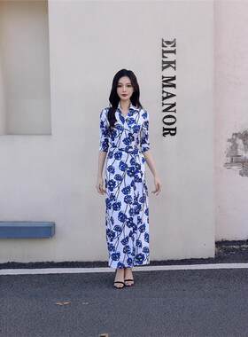 欧洲代购DVF款蓝色水彩印花身裙