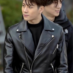软皮款 痞帅机车夹克绵羊皮真皮修身 皮衣外套男 秋冬季 王嘉尔同款
