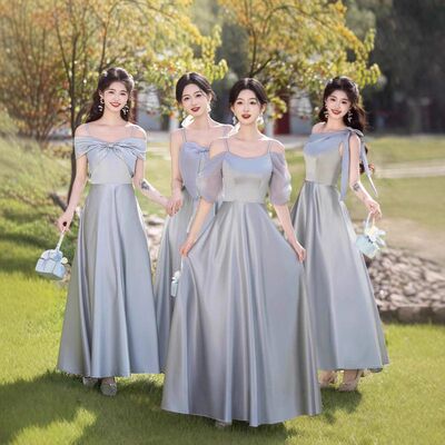 出租赁缎面伴娘服2025款春季仙气小众平时可穿姐妹团礼服裙蓝灰色