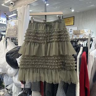 韩系2025秋冬季松紧腰重工蕾丝网纱蛋糕裙蓬蓬裙纱裙女A字半身裙