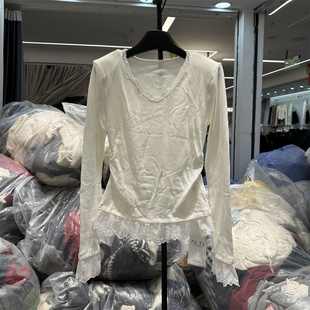 欧洲站2025秋冬FAFA新款蕾丝V领垫肩上衣收腰修身甜美T恤打底衫女