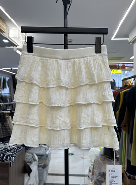 ONE TIME秋季新款时尚松紧高腰半身裙女甜美纯欲钩花针织蛋糕短裙