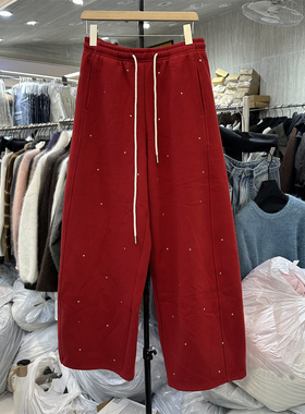 韩系2025秋冬ANAN新款松紧抽绳加绒烫钻时尚百搭休闲裤女弯刀裤潮