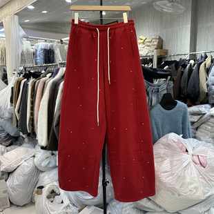 韩系2025秋冬ANAN新款松紧抽绳加绒烫钻时尚百搭休闲裤女弯刀裤潮