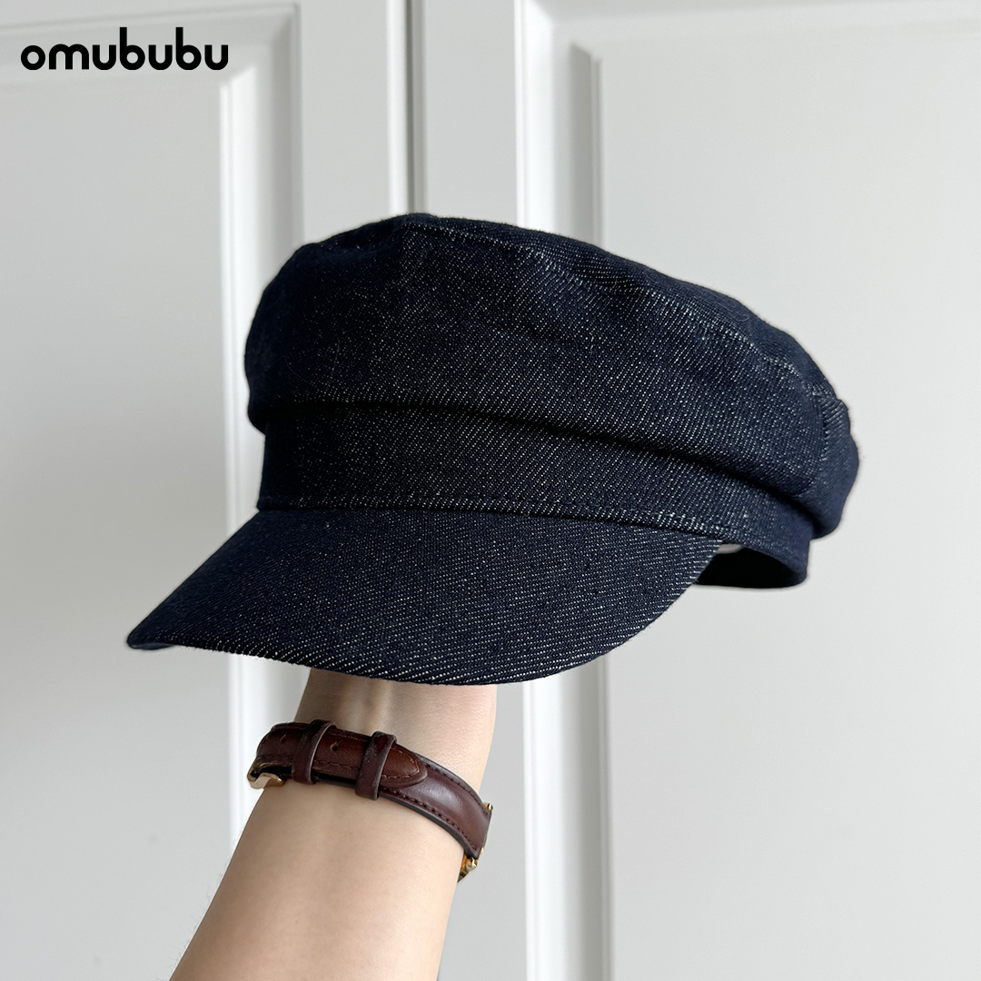 omububu重工业蓝色纯棉报童帽平顶帽女潮日系网红复古英伦鸭舌帽