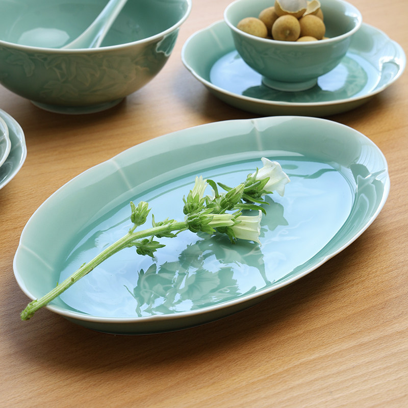 龙泉青瓷蝶恋花13英寸鱼盘子菜盘餐具碟子家用陶瓷椭圆盘实用高端