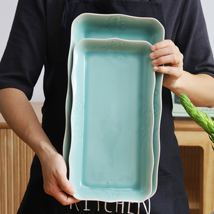 龙泉青瓷菜盘四君子创意餐具家用陶瓷菜碟盘子鱼盘高级酒店长方形