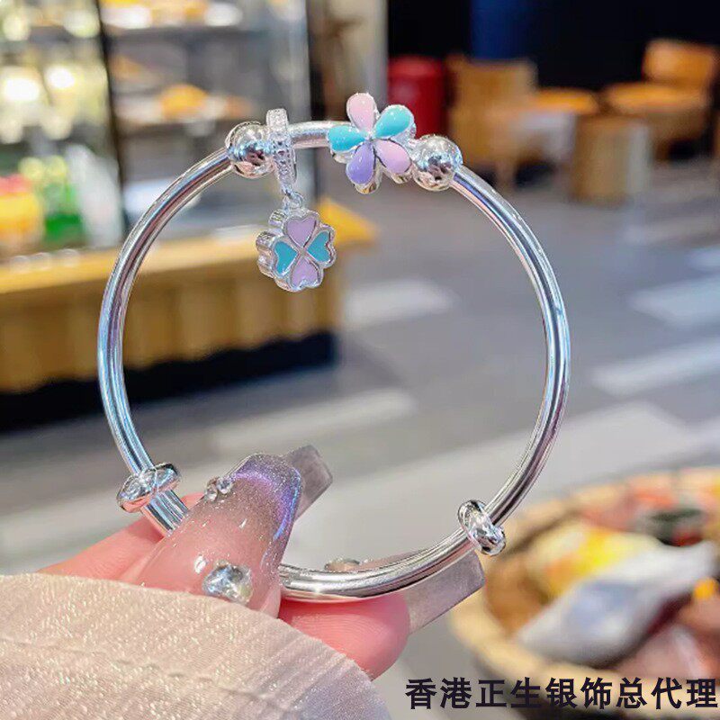 香港正生正品足银9999四叶草蝴蝶结纯银手镯中大童儿童小女孩学生