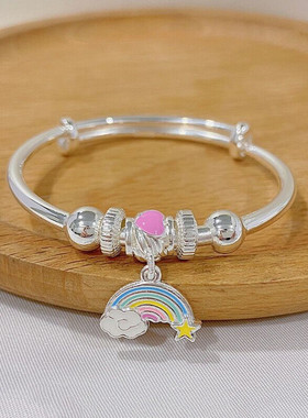 香港正生正品彩虹纯银学生手镯纯银9999女中童实心银镯儿童节生日