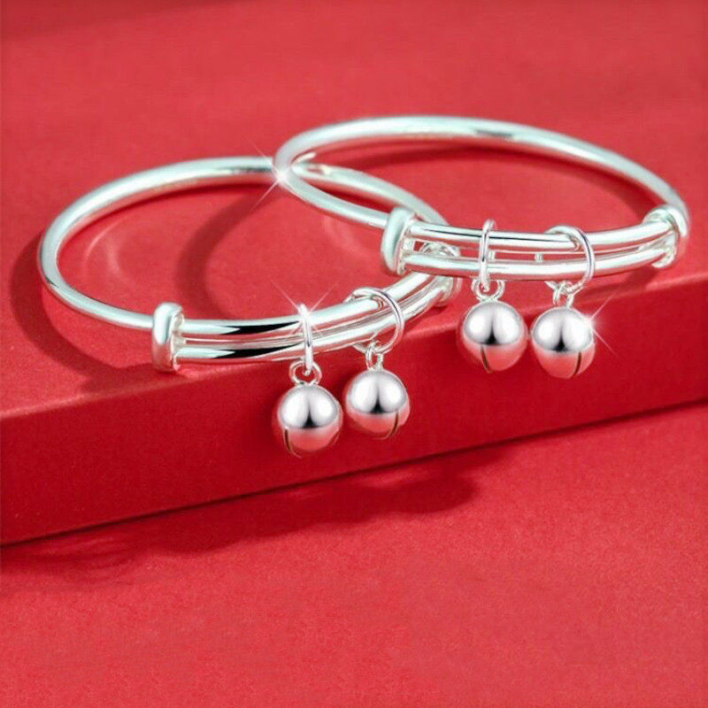 香港正生纯银光面实心男女宝宝铃铛脚手镯足银9999送满月周岁礼物