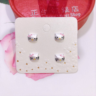 香港正生纯银KT猫咪耳钉女童可爱甜美养耳耳环纯银耳骨儿童耳饰品