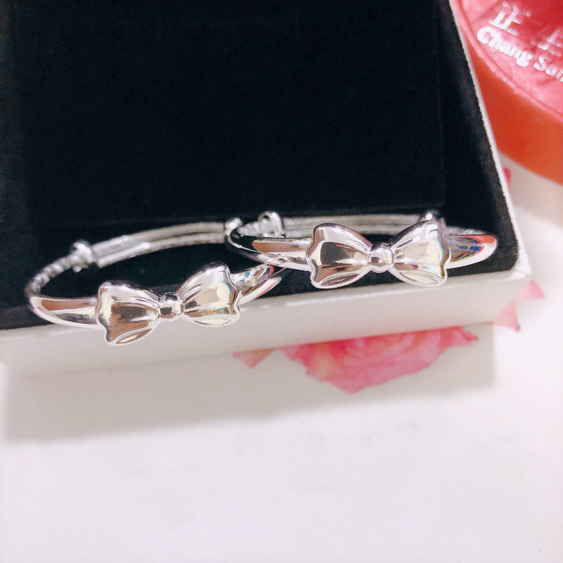 香港正生纯银甜美公主蝴蝶结宝宝手镯足银999女满月周岁生日礼物