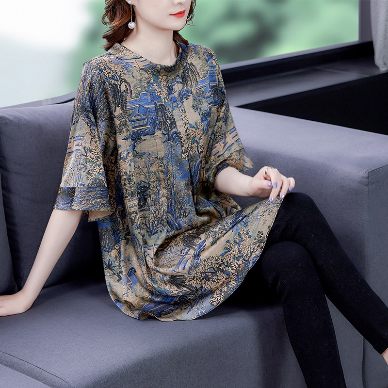 香云纱真丝桑蚕丝中老年妈妈上衣t恤夏季杭州高端品牌大牌短袖女