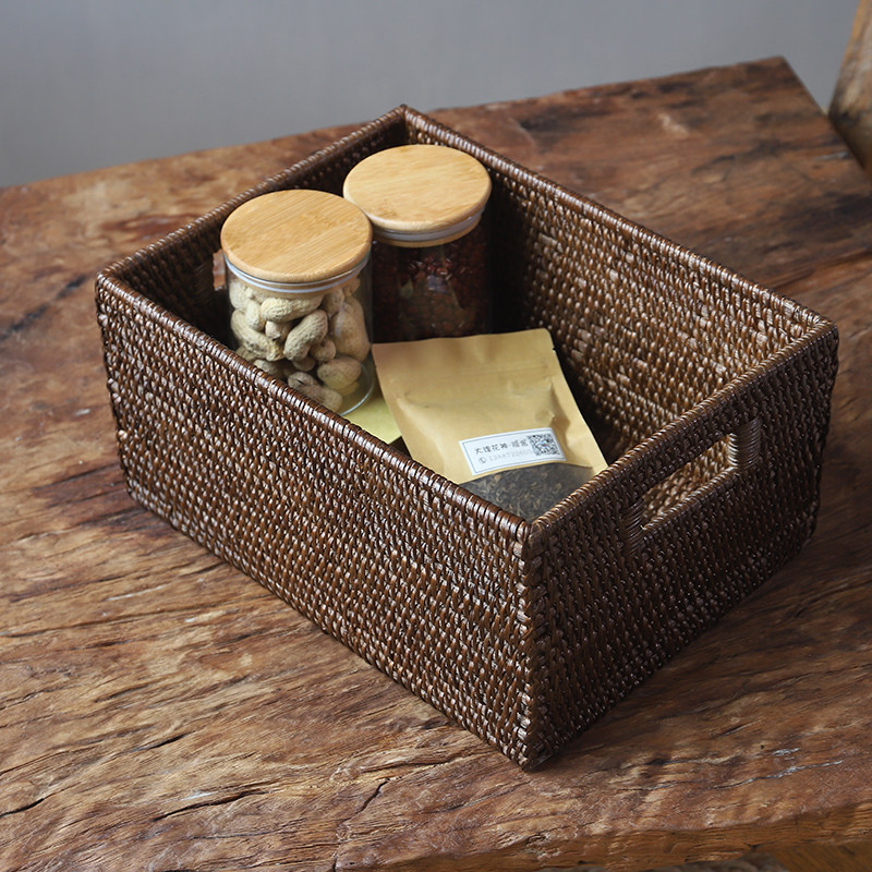 收纳筐藤编咖啡棕色盒衣物杂物带盖桌面编织带盖中式侘寂风,收纳整理,桌面收纳盒,淘宝优惠券,粉丝福利购,淘宝优惠卷