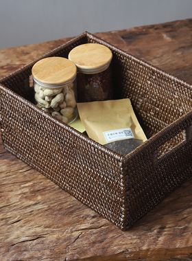 收纳筐藤编咖啡棕色盒衣物杂物带盖桌面编织带盖中式侘寂风