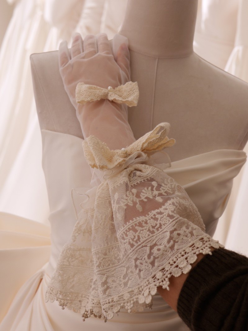 美高原创复古蕾丝蝴蝶结长款手套新娘结婚配饰婚礼跟妆造型旅拍
