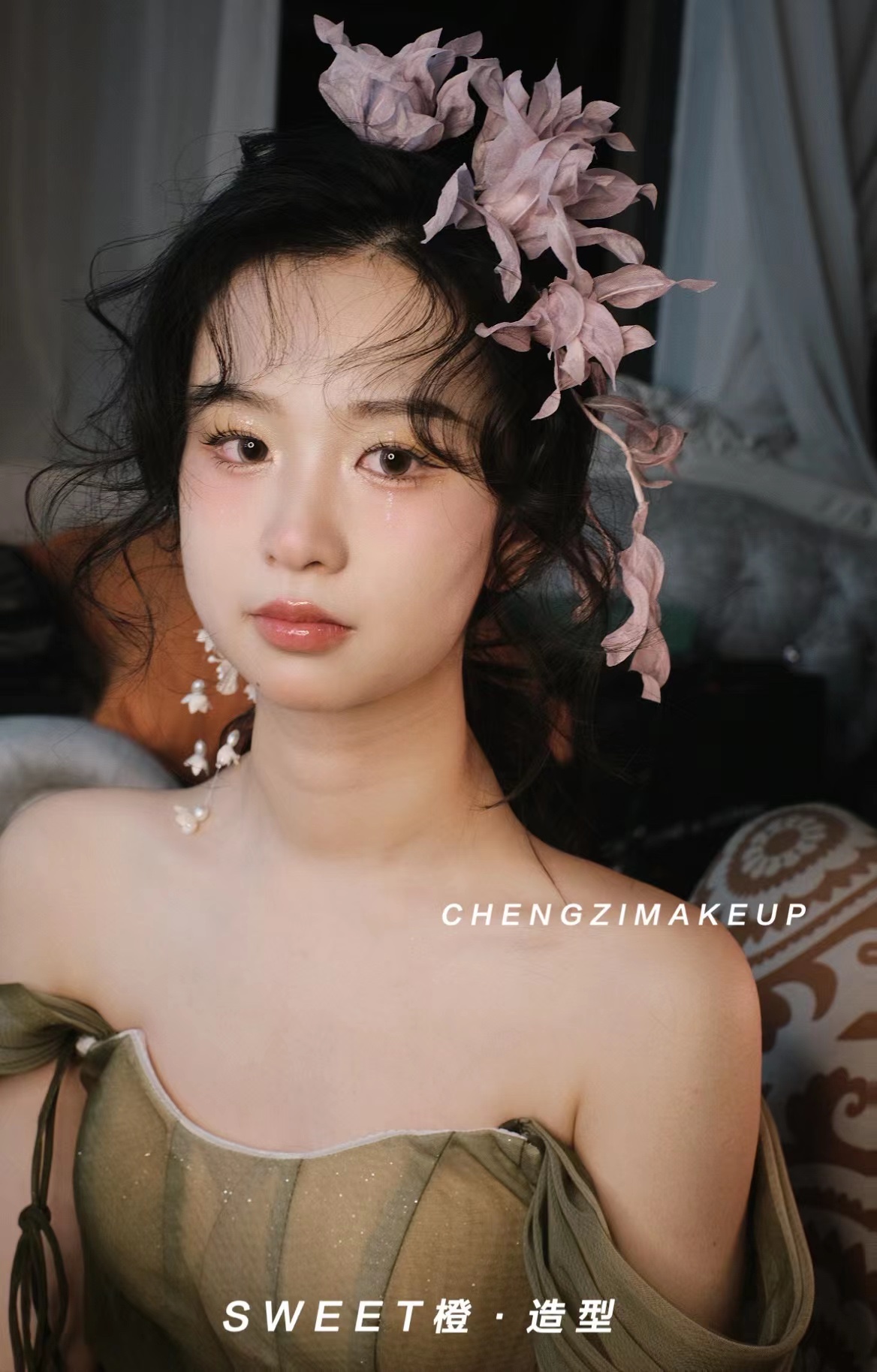 美高原创香芋色真丝手工花枝新娘头饰品跟妆造型影楼拍照写真旅拍