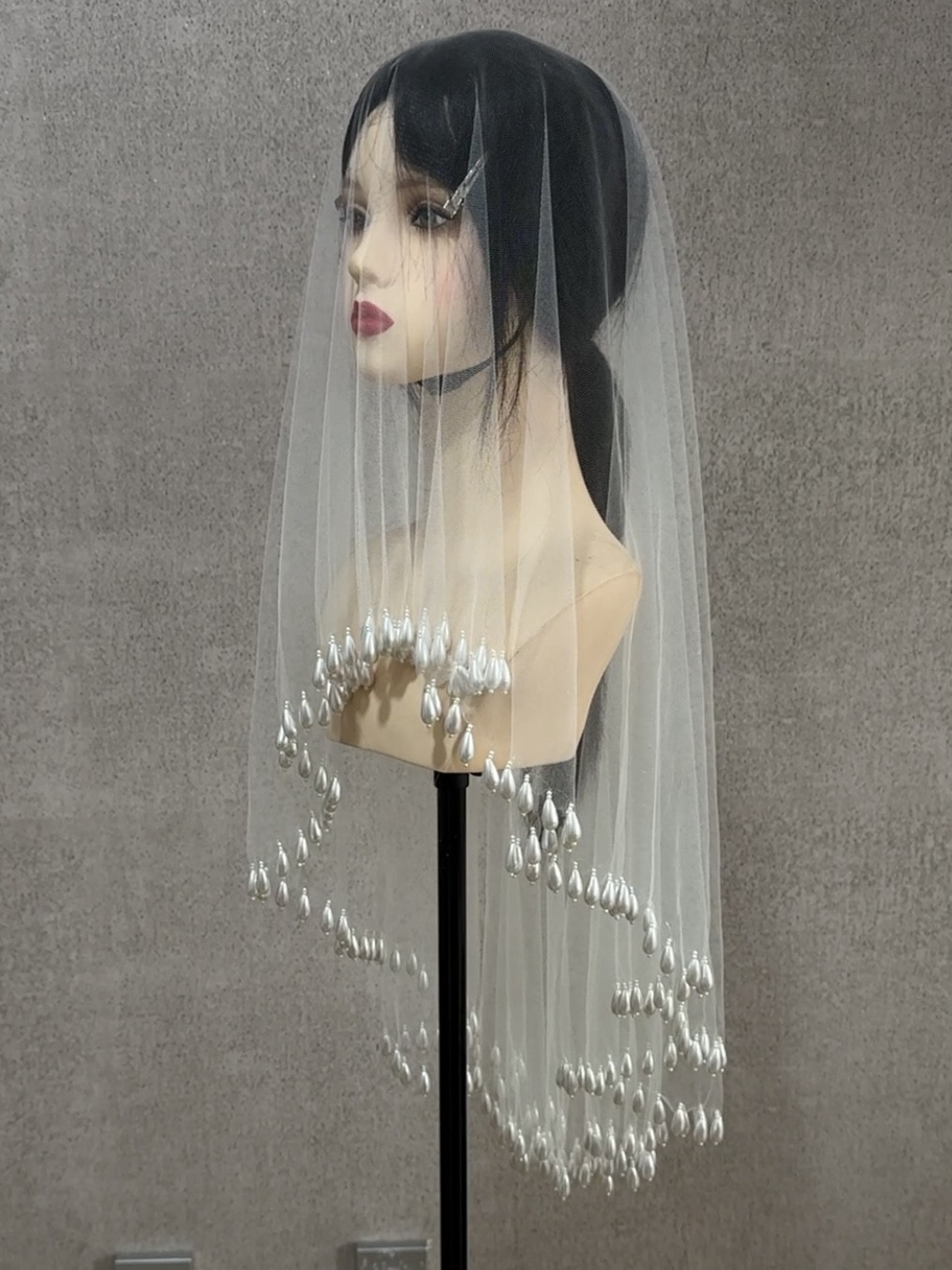 美高原创高透韩国纱手工串珠水滴珍珠头纱婚纱摄影旅拍照影楼样片
