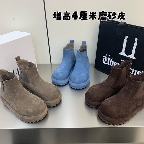兔110-82欧货新款真皮显脚小切尔西靴女短靴烟筒靴反绒皮高帮鞋潮