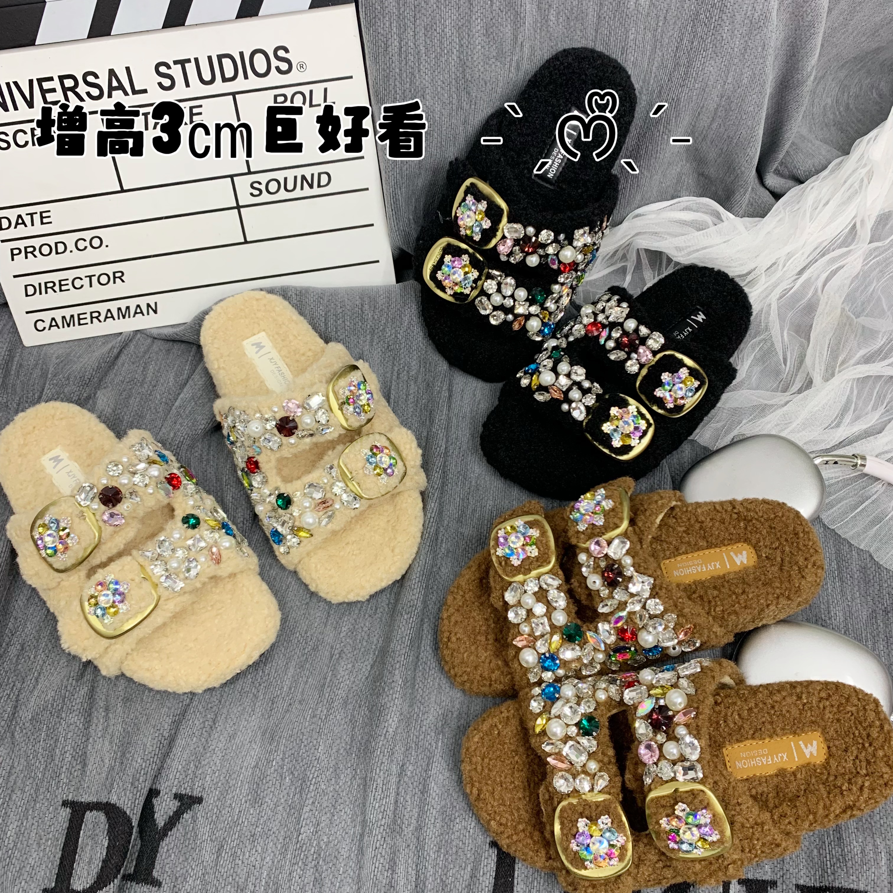 Y002-1欧洲站2026秋季新款满钻欧货厚底女潮休闲毛毛拖一字拖鞋
