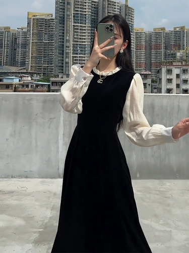 Комплект, лонгслив, осеннее платье, черная длинная юбка, французский стиль, изысканный стиль, коллекция 2023, городской стиль