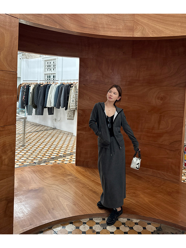 WXLSTUDIO KENDOU 외출 거리 입체 벨벳 캐주얼 후드 스웨트 셔츠 재킷 여성용 스웨트 팬츠|스커트 세트