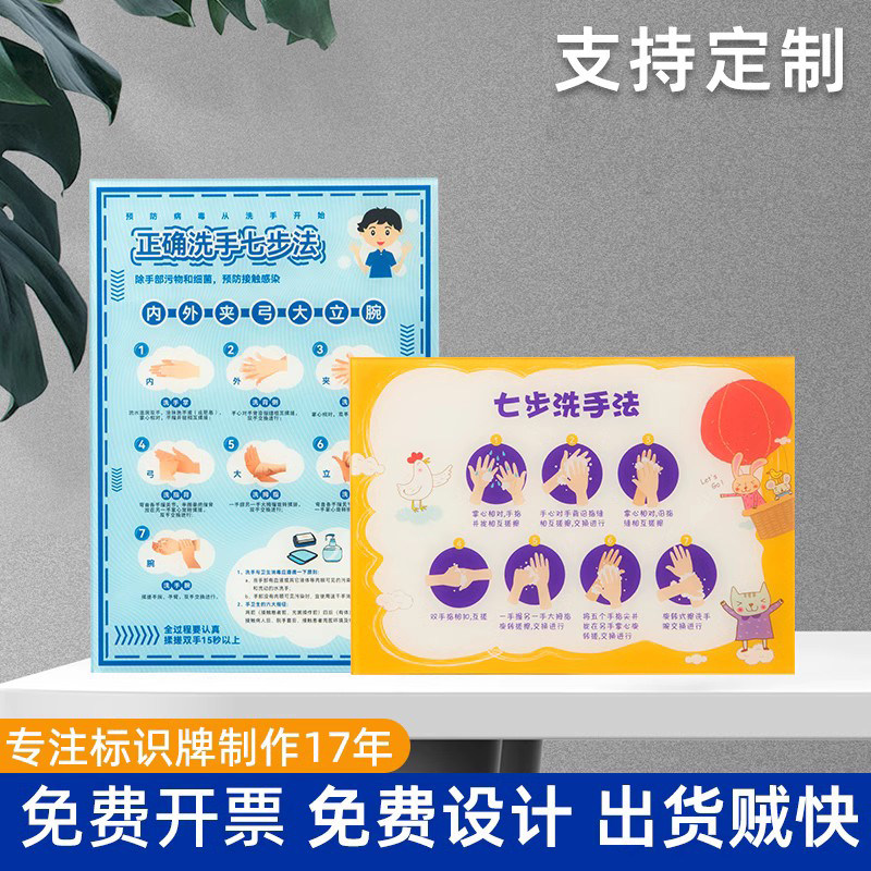 定做洗手七步法亚克力标识牌医院诊所幼儿园学校墙贴6步骤示意图