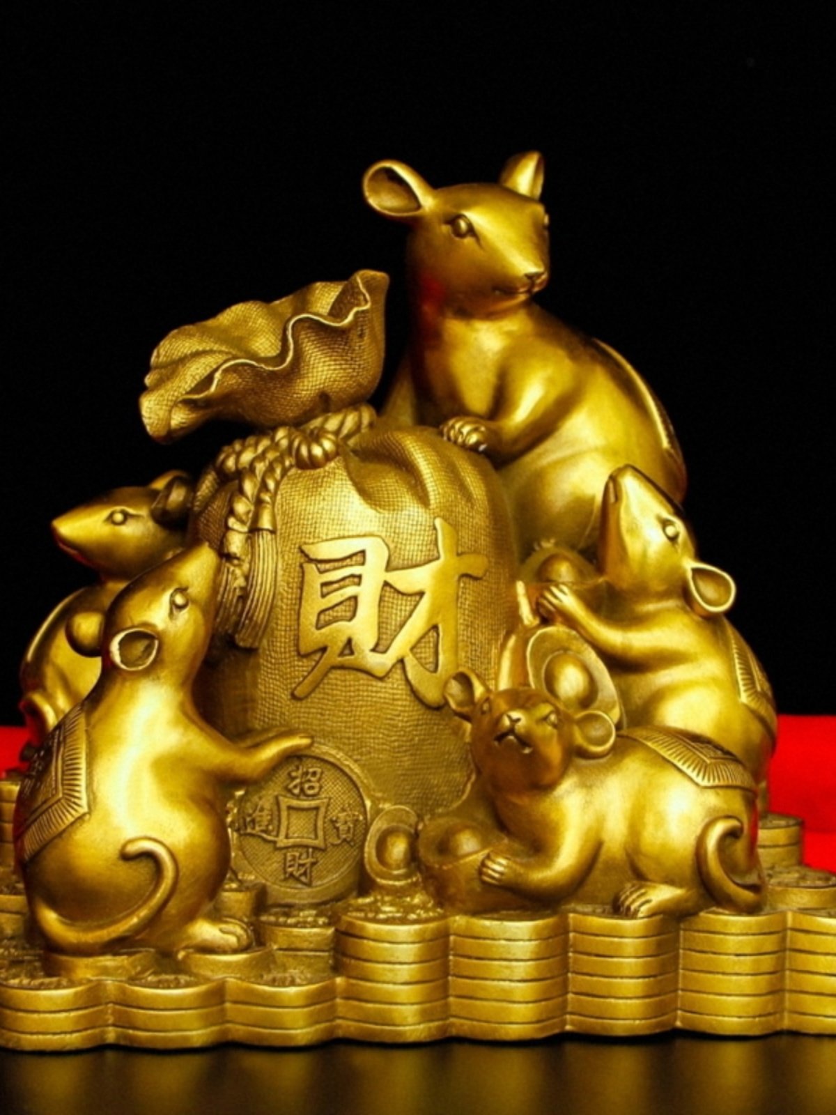 五鼠运财摆件金鼠福临门金钱生肖鼠客厅玄关店铺前台摆放风水铜器