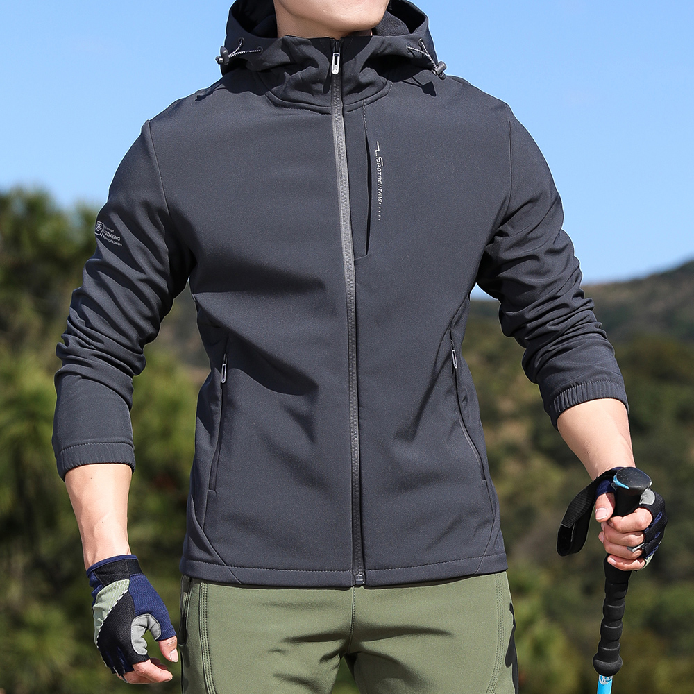 户外运动连帽软壳冲锋衣男上衣抓绒软壳衣男夹克外套防风保暖春秋