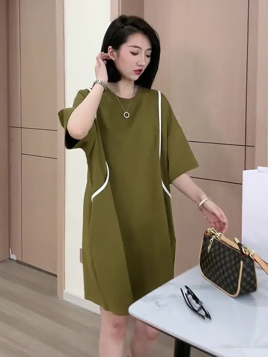 欧货短袖连衣裙女2025新款春夏高腰显瘦宽松胖mm遮肚中长款A字裙
