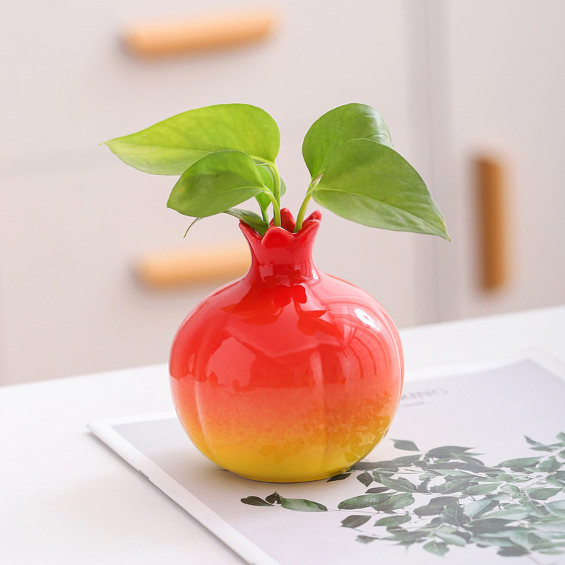 石榴可爱陶瓷水培桌面小花器绿植铜钱草绿萝仿真花花瓶办公室家用