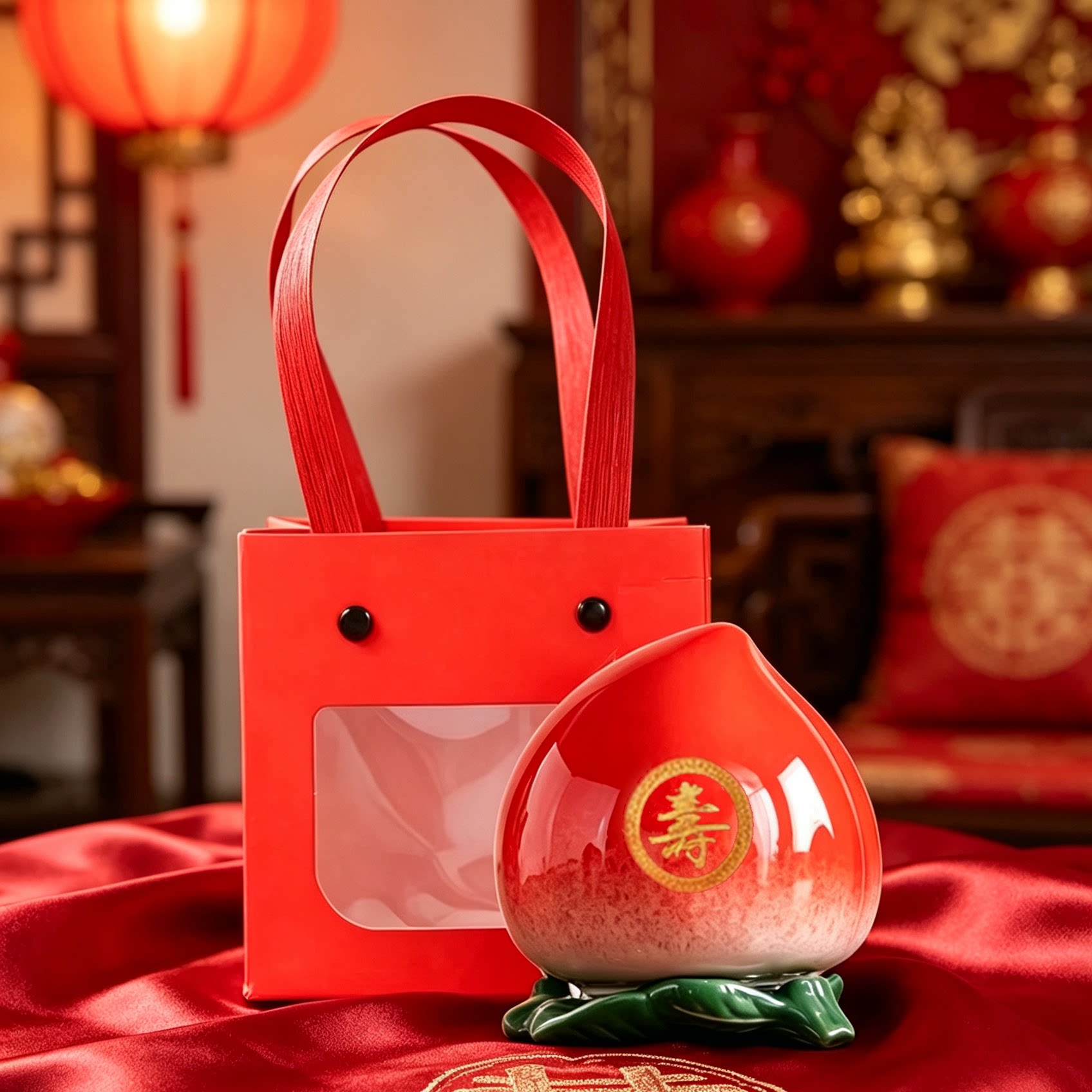陶瓷寿桃茶叶罐摆件祝寿回礼品图片