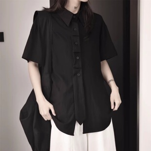 夏季宽松显瘦法式领带松弛风衬衣暗黑设计感小众白色短袖衬衫女潮