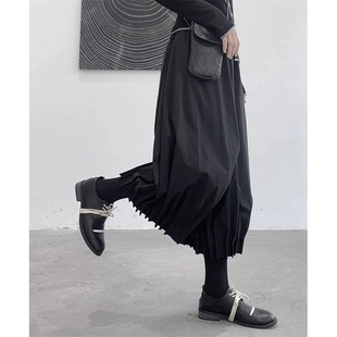 设计感小众简约暗黑加绒阔腿裤女春秋九分裤高腰百褶灯笼花苞裤子