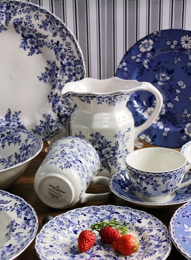 外贸出口英国johnson brothers原单陶瓷餐具蓝色西餐盘子碗德文郡