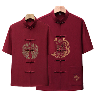 棉麻中国风夏季中老年情侣唐装短袖套装爷爷奶奶老人生日宴会衣服