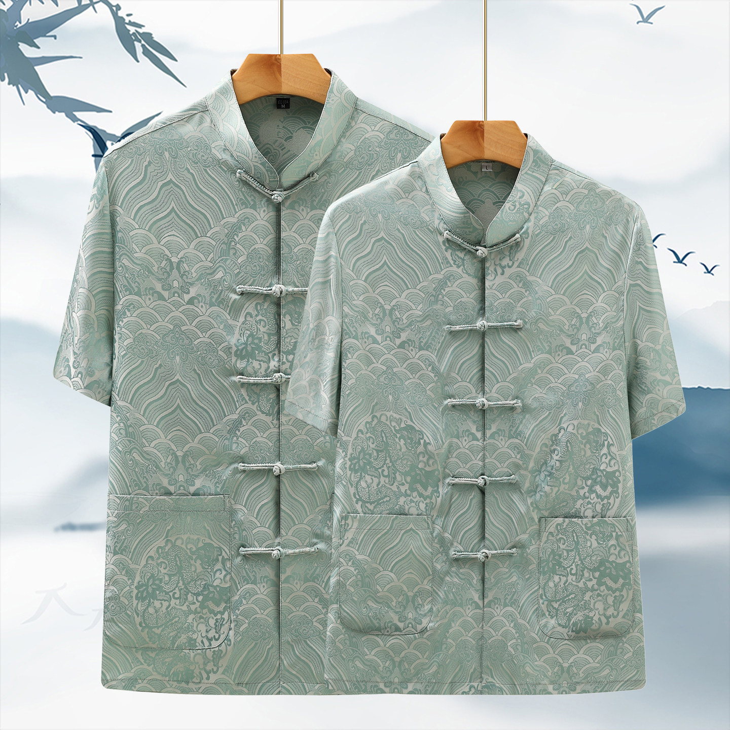 真丝唐装短袖夏装中老年父母情侣装爸爸爷爷老人生日婚宴礼服套装