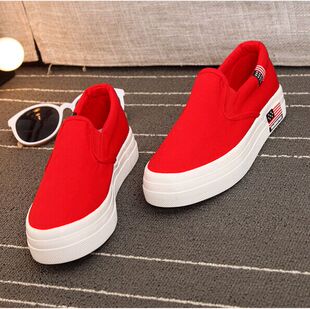 女板鞋 内增高中学生大红休闲鞋 平跟厚底一脚蹬懒人帆布鞋 春秋女鞋