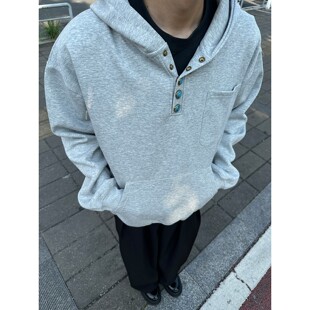 美式复古纽扣连帽cleanfit短款卫衣外套男女款春秋宽松款情侣帽衫