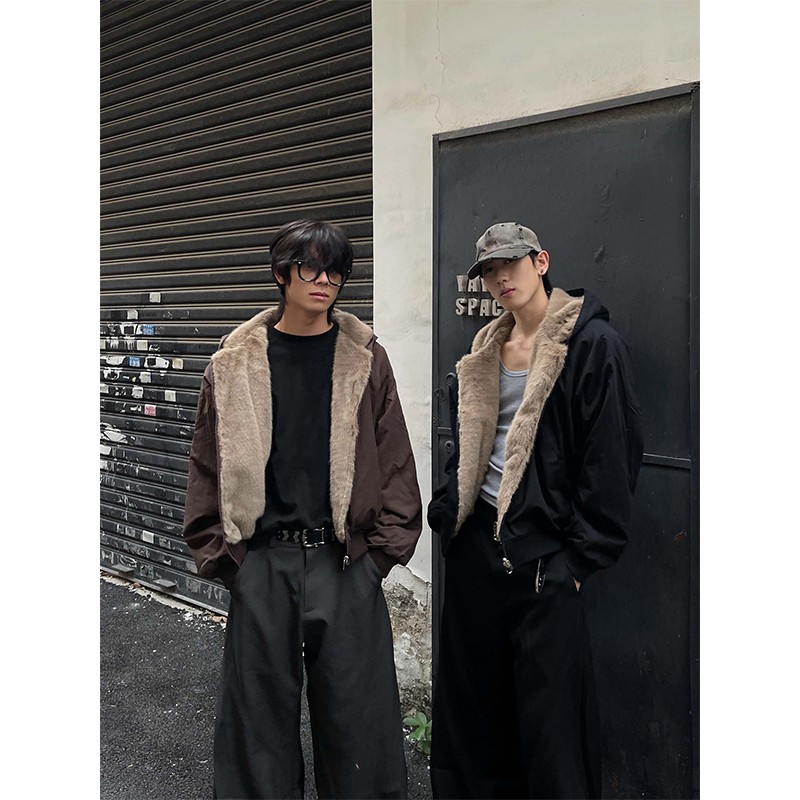 双面穿座山雕连帽外套男款冬季加绒保暖棉服美式复古加厚棉衣夹克