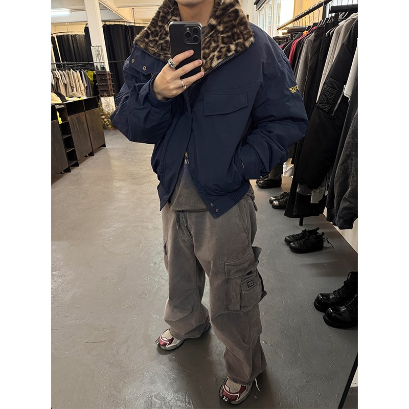 红色豹纹座山雕外套男冬季加绒加厚立领工装夹克棉服bomber棒球服