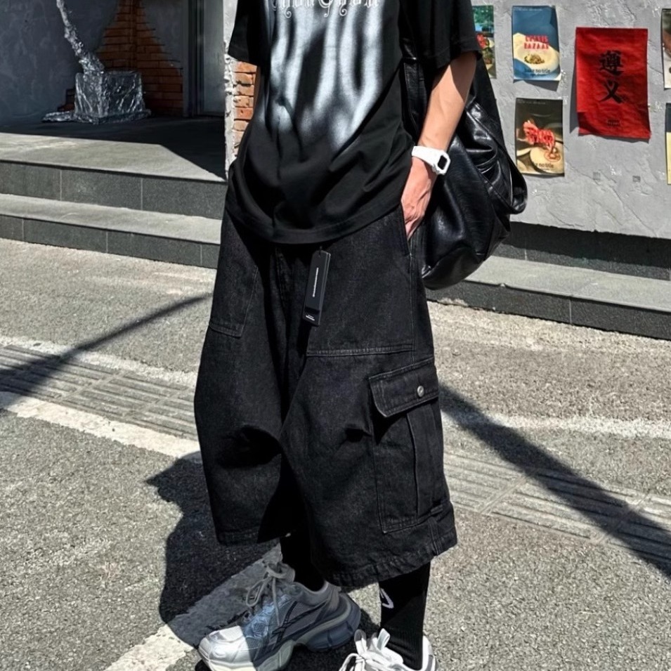 美式男夏季宽松直筒街头潮牌牛仔短裤休闲工装vide风百搭七分裤子