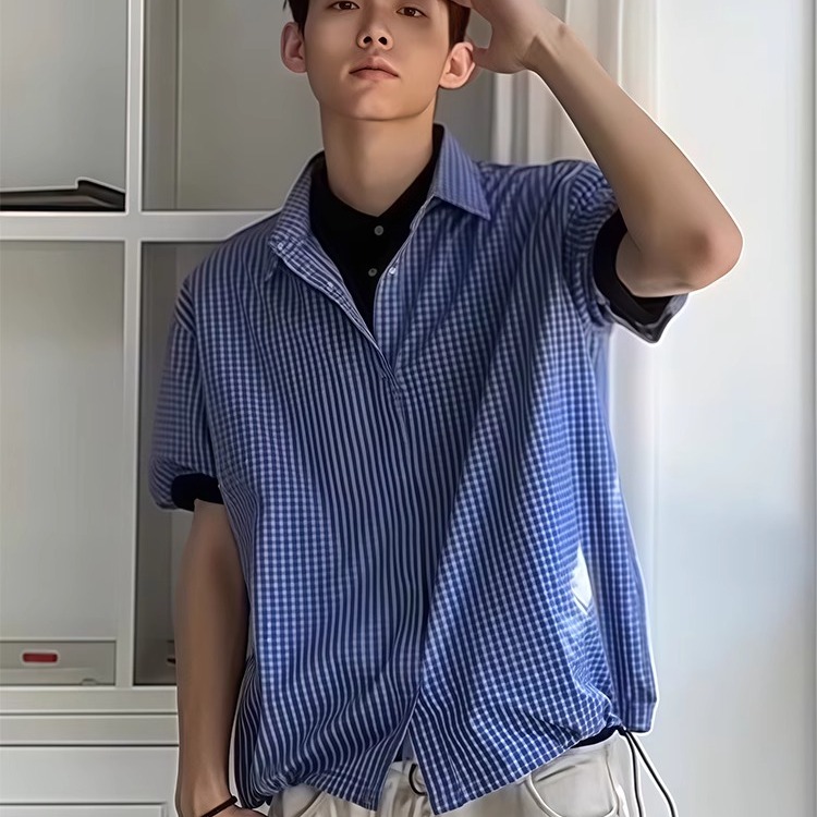 美式格子短袖衬衫男女夏季新款潮