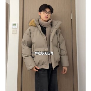 毛领连帽羽绒棉服男女款冬季高级感短款派克服pu皮情侣面包服潮