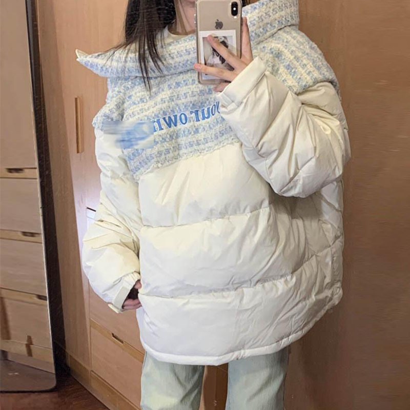 白色小香风拼接羽绒棉服男冬季加厚保暖面包服高级感立领棉衣外套