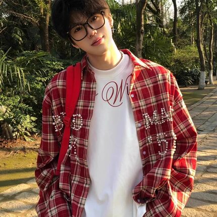 红色钉珠格子衬衫男小众设计感痞帅格纹长袖上衣cleanfit衬衣外套
