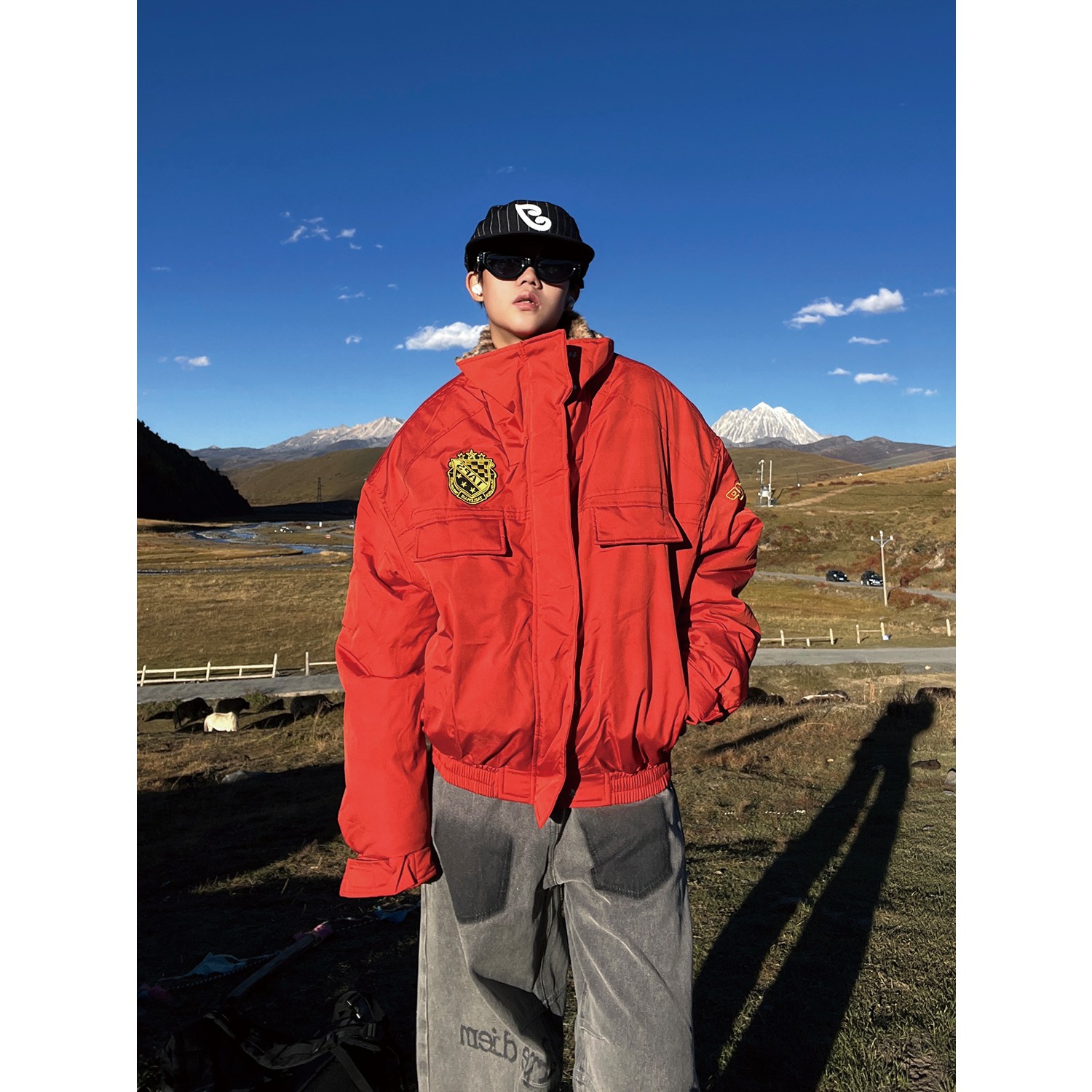 美式豹纹立领座山雕夹克棉服男款冬季加绒加厚bomber短款工装外套