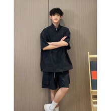 黑色扎染夏季情侣一整套穿搭男款半拉链工装短袖短裤运动休闲套装