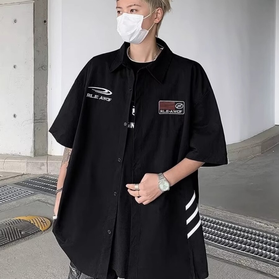 美式高街撞色条纹polo衫短袖男女