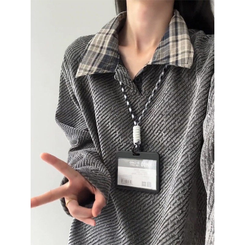 老钱风格纹撞色衬衫领针织卫衣男秋季美式斜条纹假两件长袖T恤女